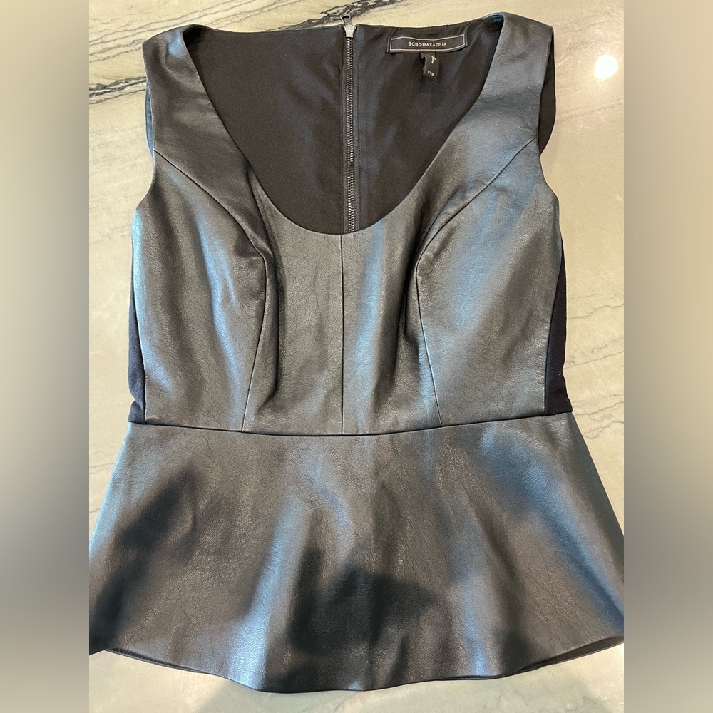 BCBGMazAzria Black Sleeveless Faux Leather Peplum Top